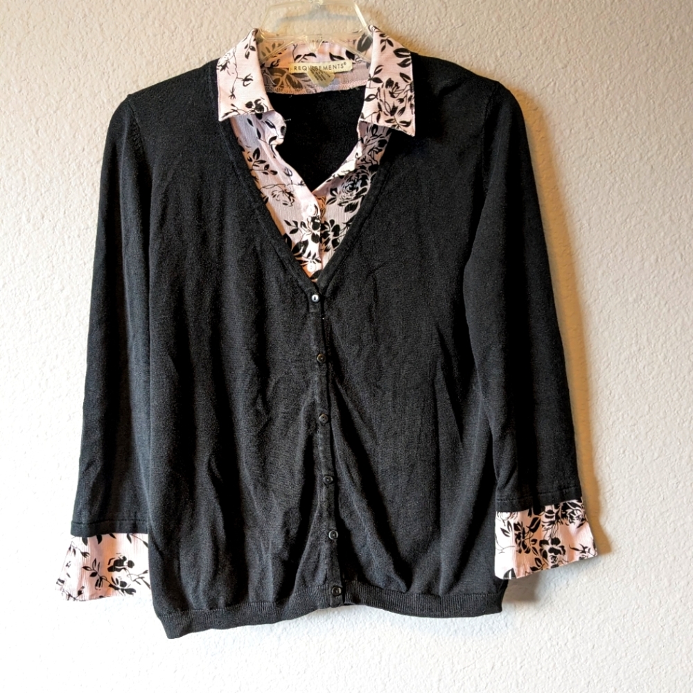 Requirements Black Cardigan with Floral Embroidery Sz. M